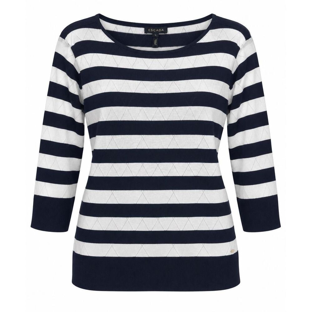 Escada Navy Blue White Striped Pointelle Boat Neck 3/4 Sleeve Knit Top Large